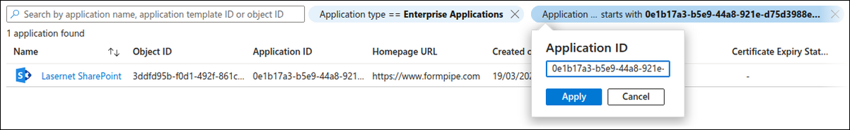 The app list is filtered on the Application ID of the Lasernet SharePoint app.